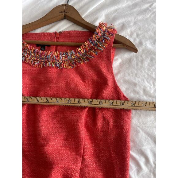 Talbot's Textured Coral Quiet Luxury Tweed Sleeveless Fringe-Neck Shift Dress 4 - Picture 5 of 7